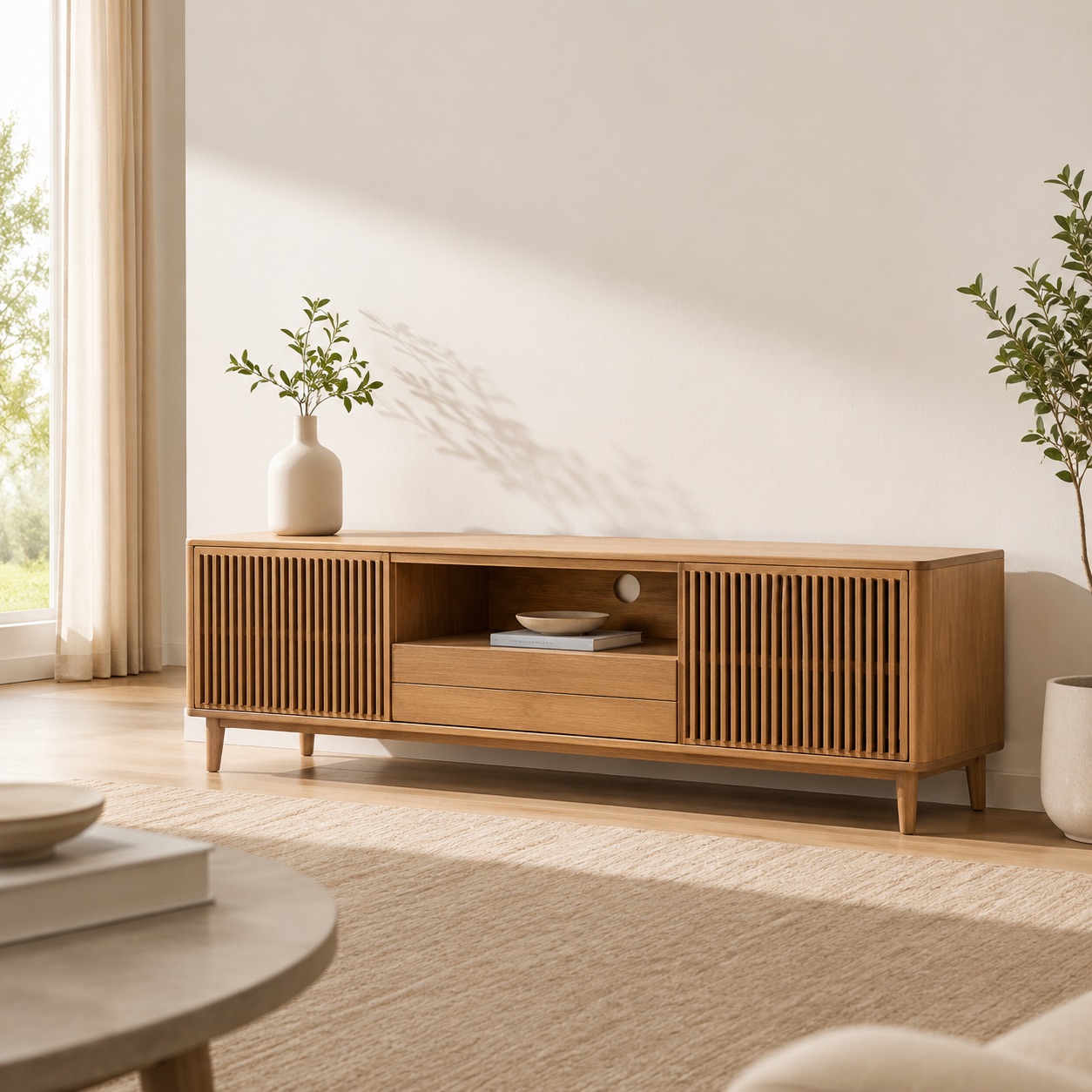 Oak media console in a bright room