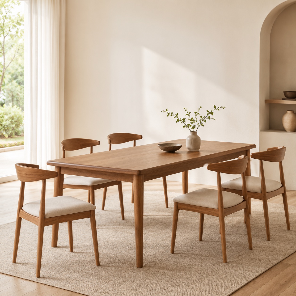 Oak dining set in a bright dining room